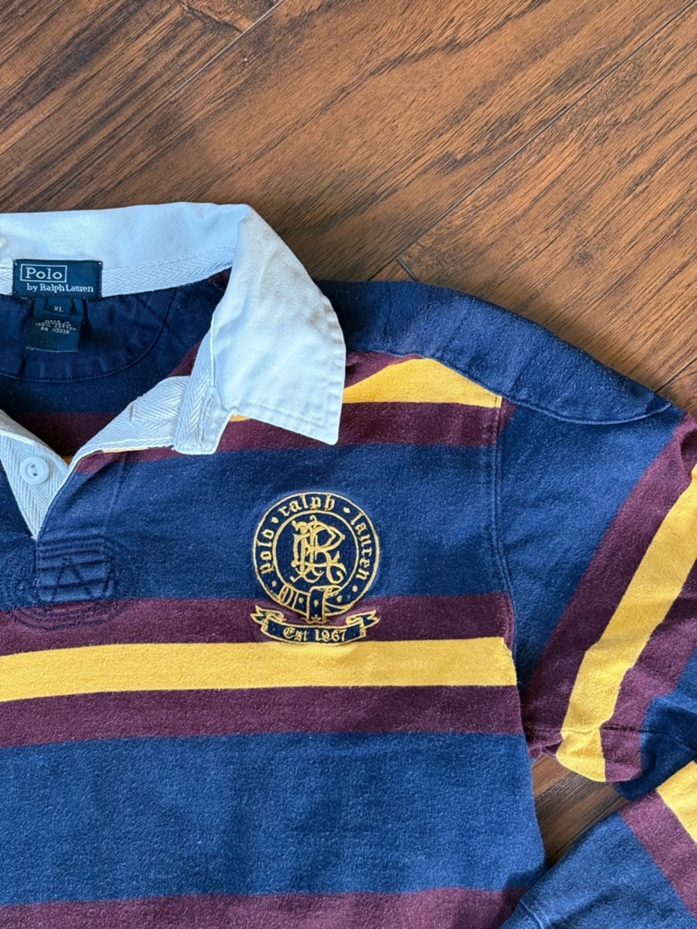 RARE Polo by Ralph Lauren Navy, Burgundy & Yellow Striped Rugby Shirt Fits S/M